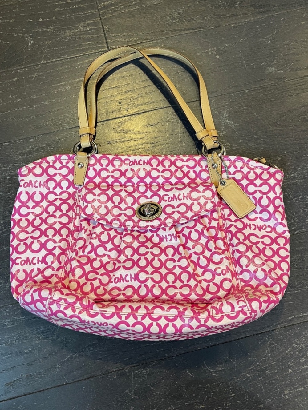 Vintage Coach Leah Op Art Pink Signature Tote Y2K Monogram Print Coated Tote